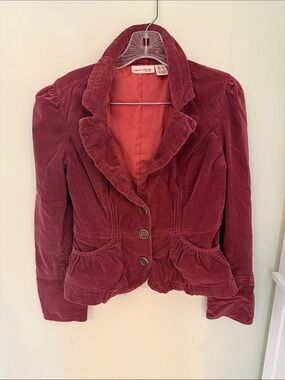 Vintage Y2K Dkny Burgundy Velvet Ruffle-Trim Blazer